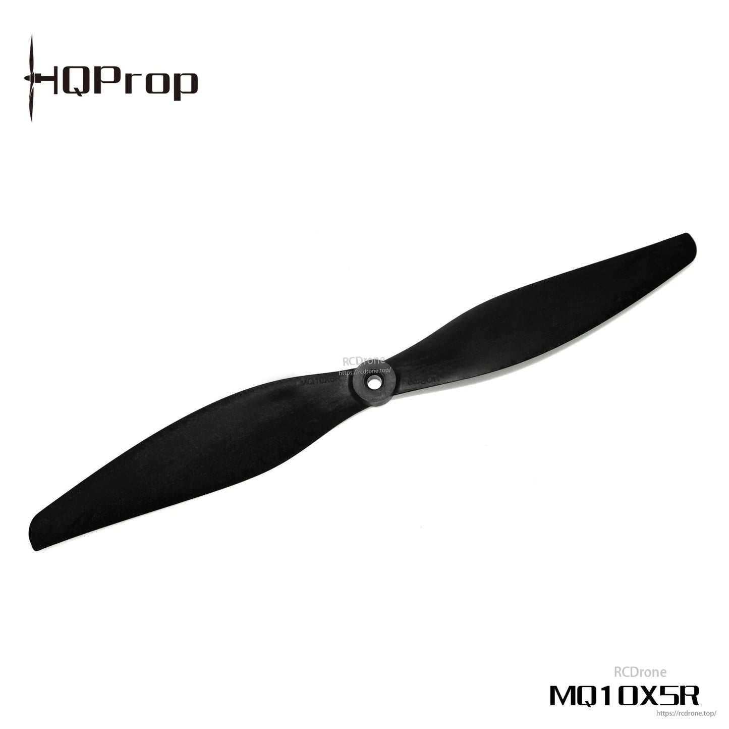 Black two-blade propeller with MQ10X5R marking, HQProp logo, and RCDRone watermark