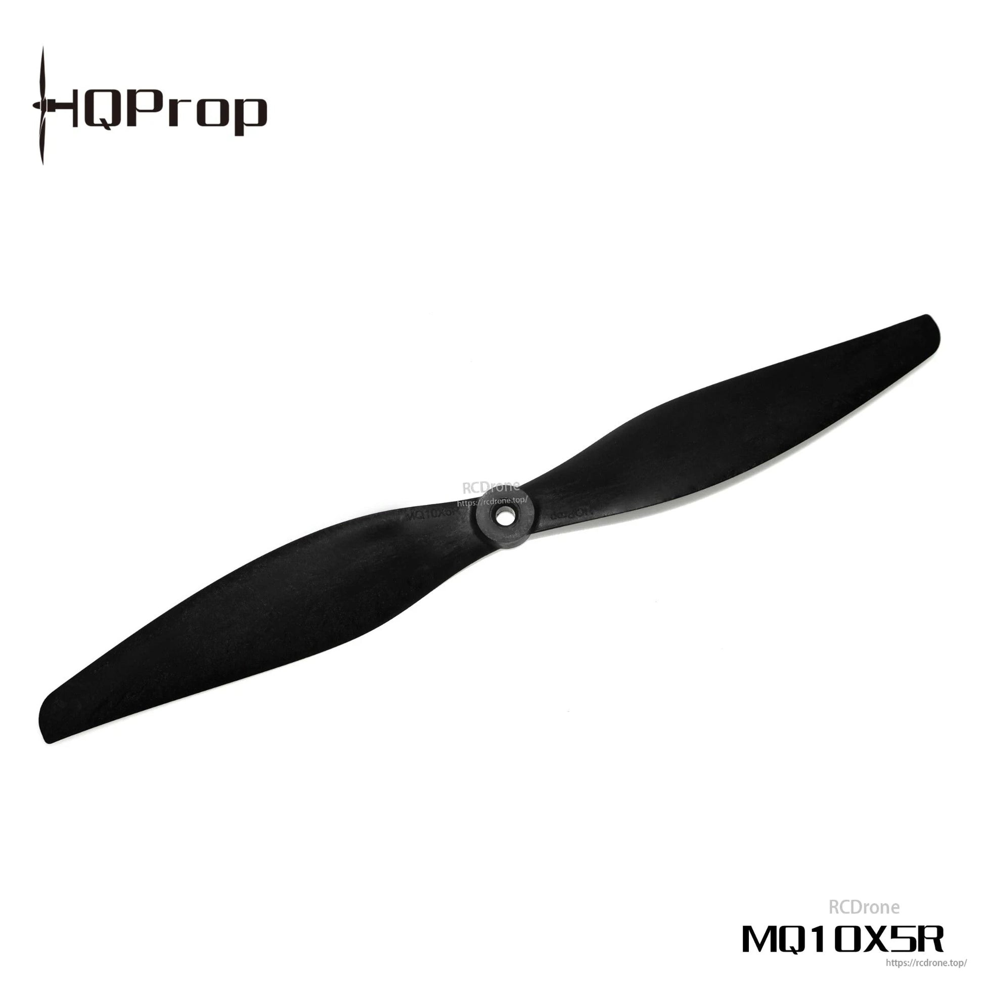 Black two-blade propeller with MQ10X5R marking, HQProp logo, and RCDRone watermark
