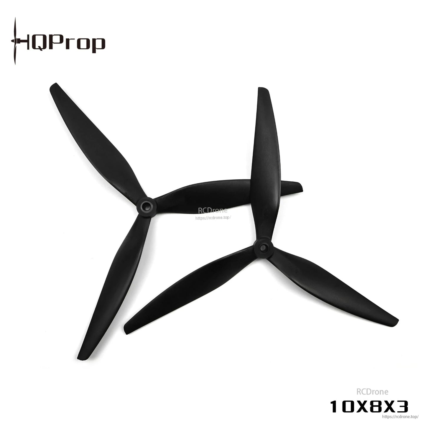 Angled view of HQProp black 10x8x3 tri-blade propellers with printed size label