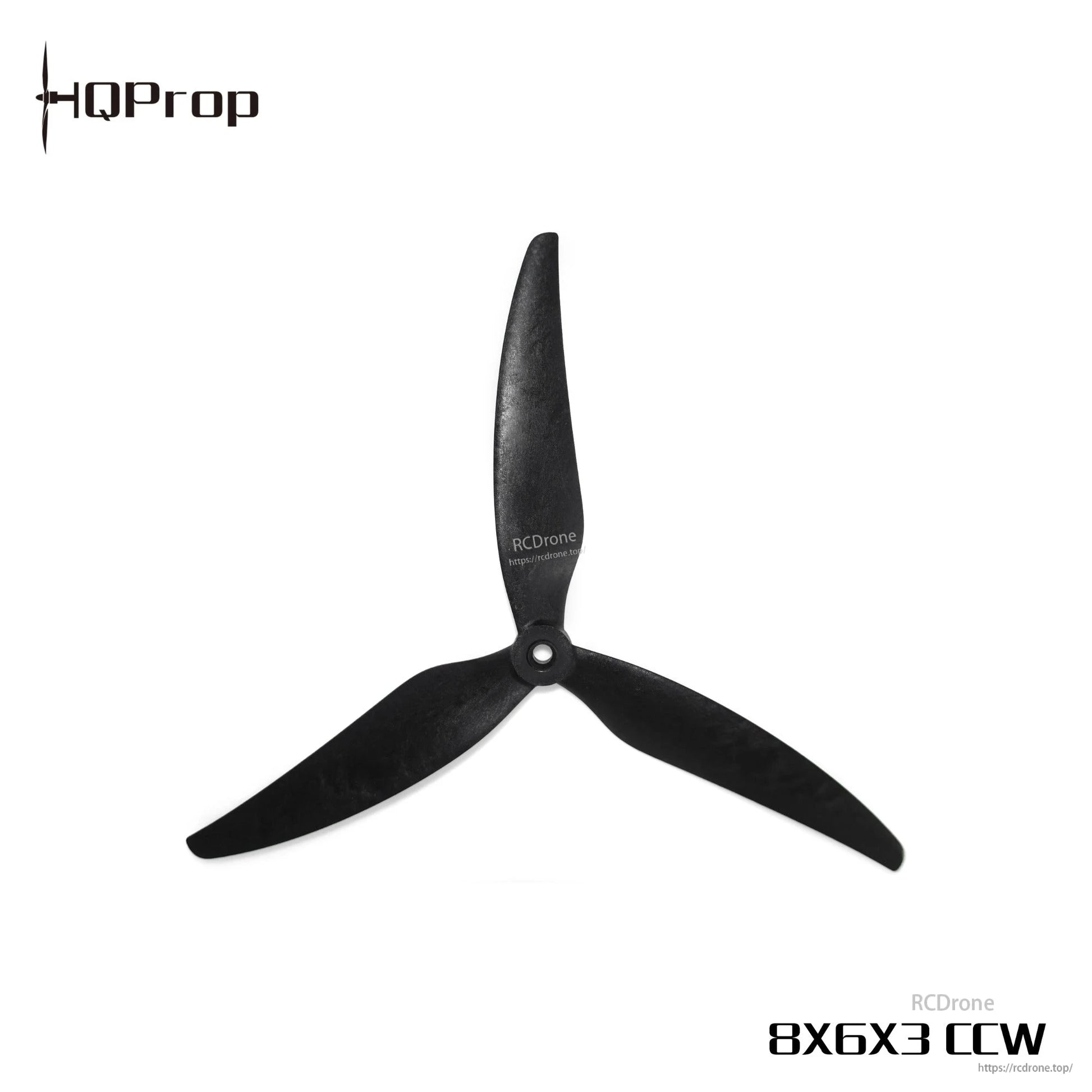HQProp 8X6X3 CCW tri-blade drone propeller, black, top view with rotation marking
