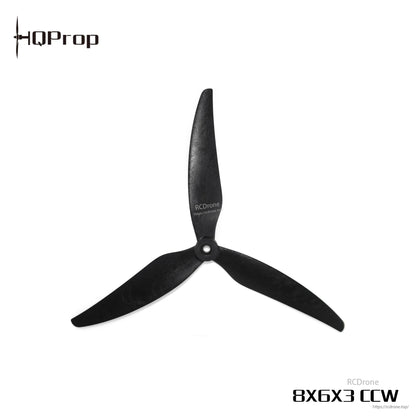 HQProp 8X6X3 CCW tri-blade drone propeller, black, top view with rotation marking