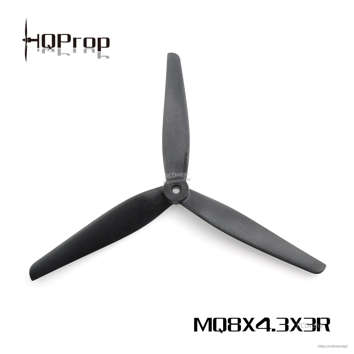 HQProp MQ8X4.3X3R tri-blade propeller graphic, black prop with model marking