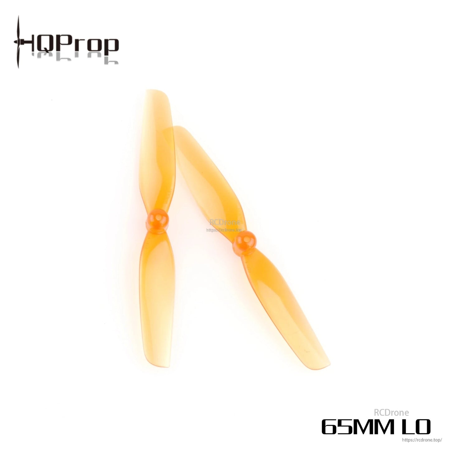 Translucent orange two-blade micro propellers with HQProp logo, labeled “65MM LO”