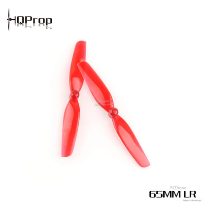 Translucent red two-blade micro propellers with HQProp logo, labeled “65MM LR”