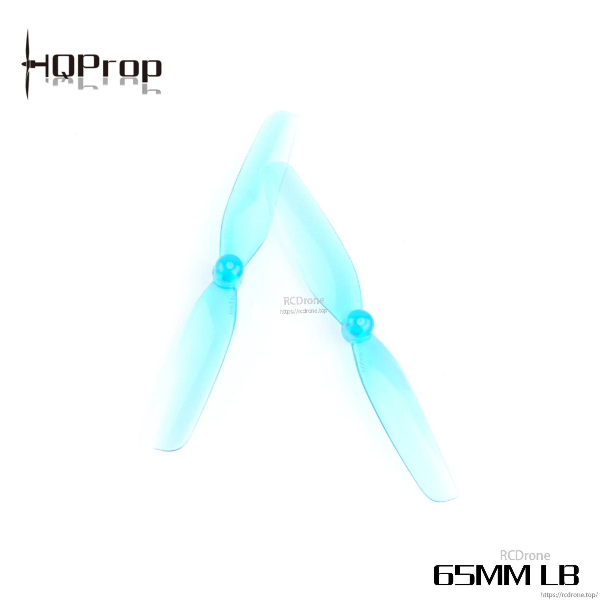 Translucent light blue two-blade micro propellers with HQProp logo, labeled “65MM LB”