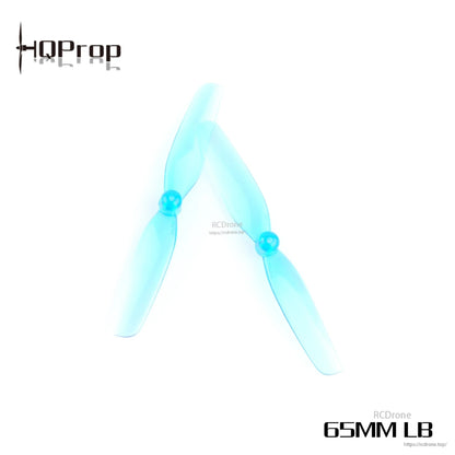Translucent light blue two-blade micro propellers with HQProp logo, labeled “65MM LB”