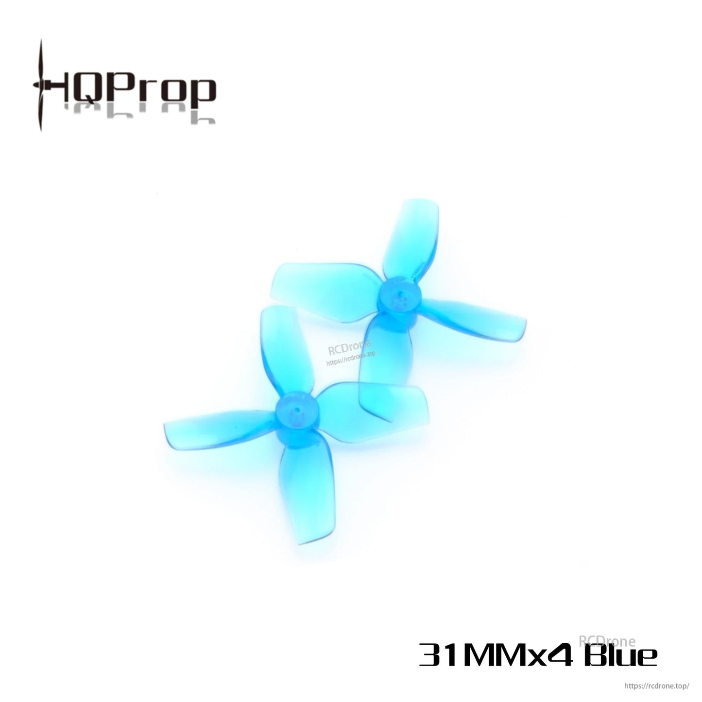 HQ Micro Whoop Prop 31MMX4 4-blade propellers in translucent blue, top view