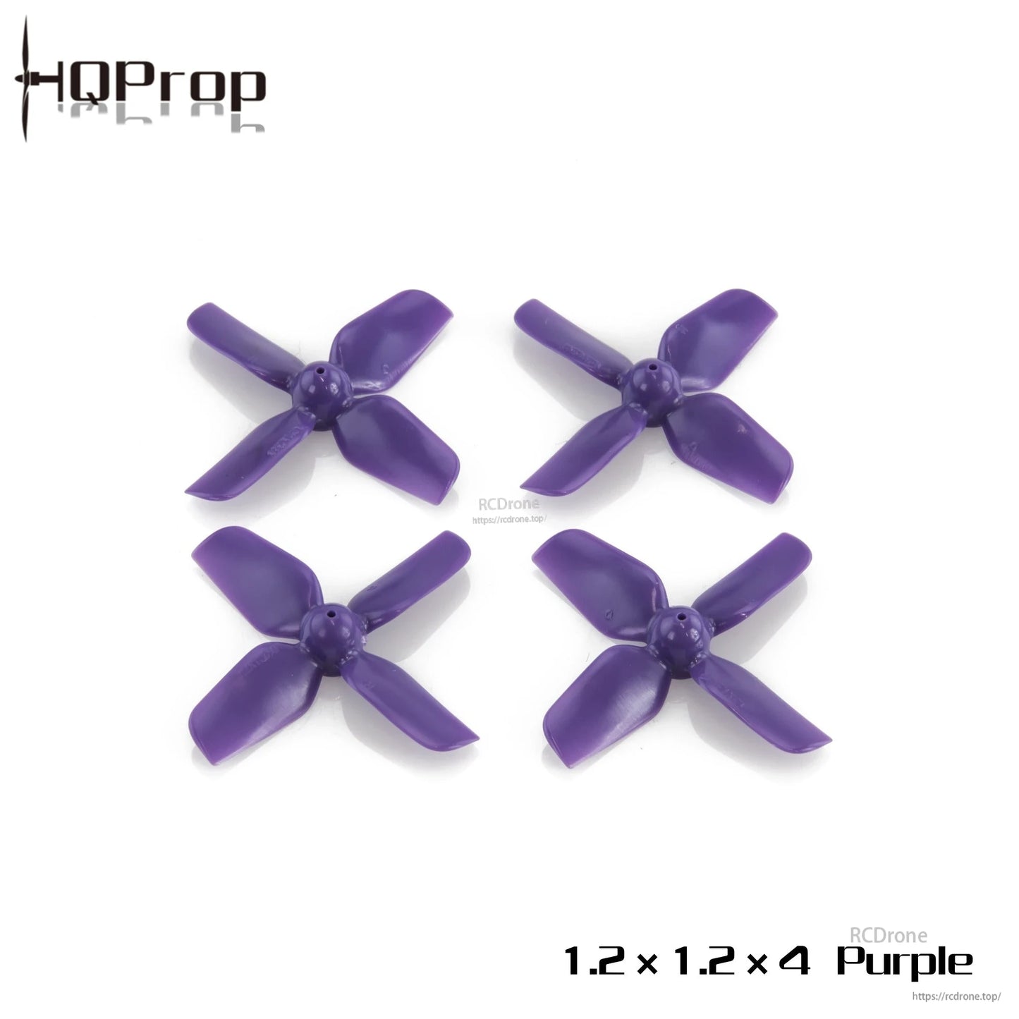 Purple 1.2x1.2x4 4-blade micro whoop propeller set, four props displayed on white background