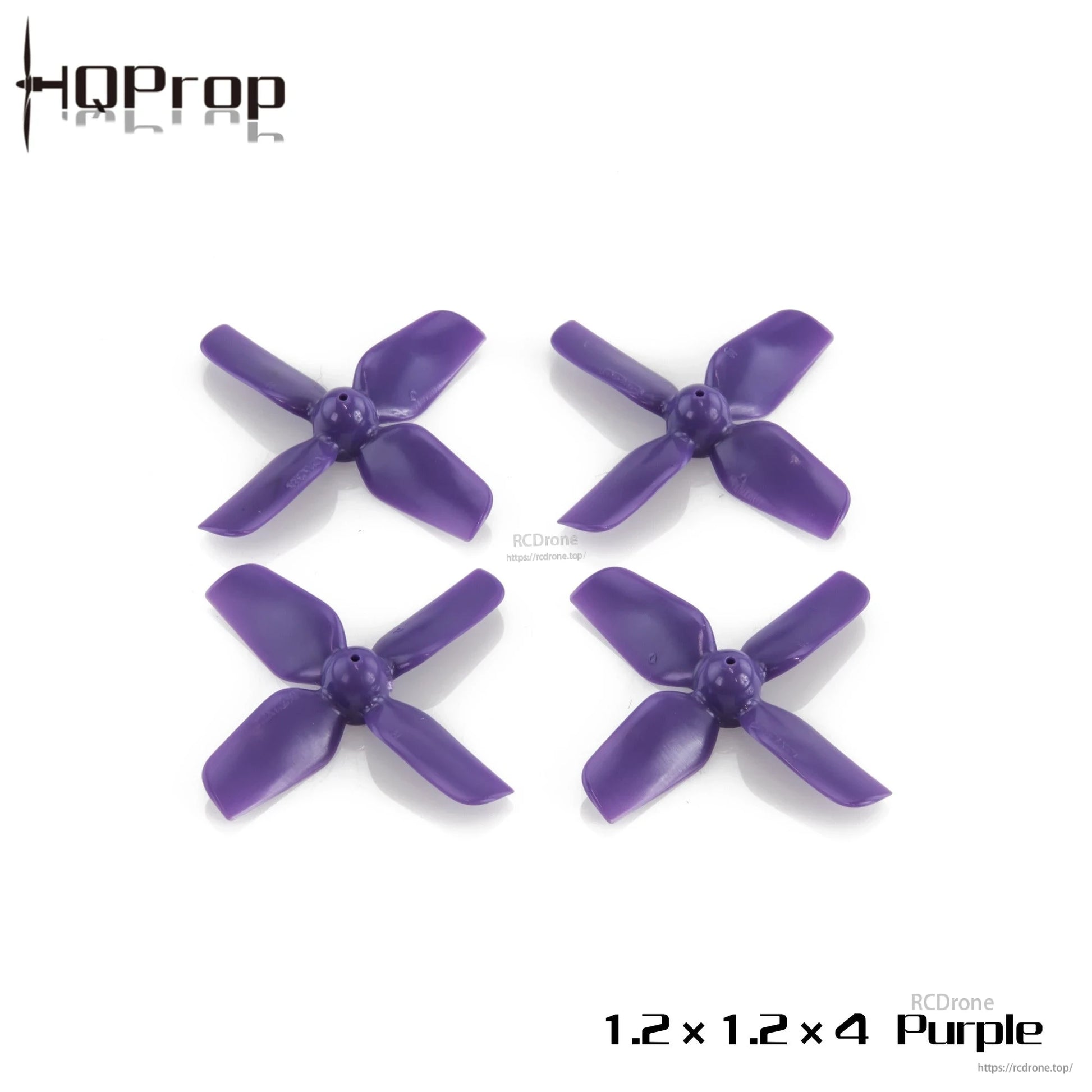 Purple 1.2x1.2x4 4-blade micro whoop propeller set, four props displayed on white background