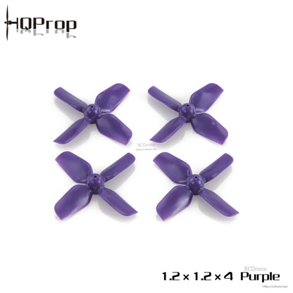 Purple 1.2x1.2x4 4-blade micro whoop propeller set, four props displayed on white background