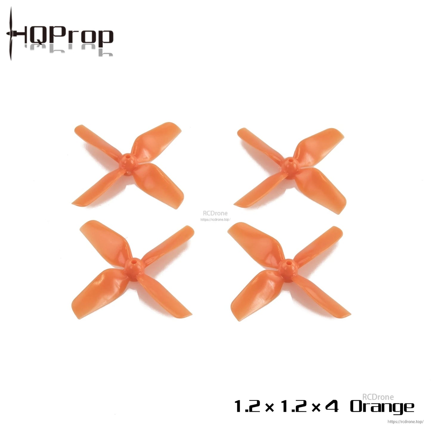 Orange 1.2x1.2x4 4-blade micro whoop propeller set, four props displayed with HQProp logo