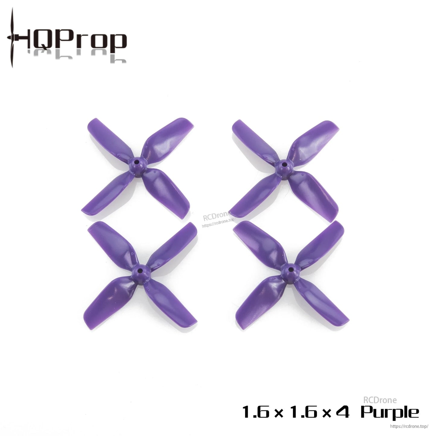 HQProp 1.6x1.6x4 purple 4-blade micro whoop propellers, four-piece set on white background