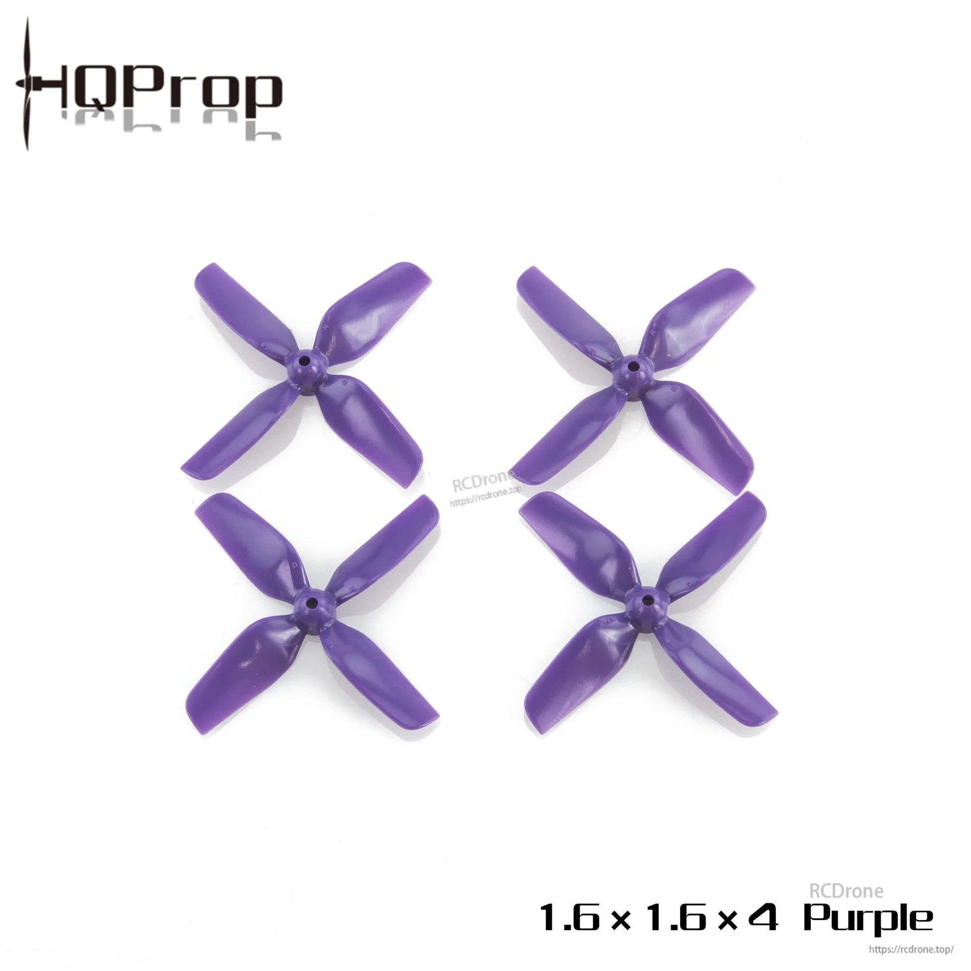 HQProp 1.6x1.6x4 purple 4-blade micro whoop propellers, four-piece set on white background