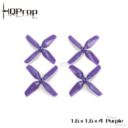 HQProp 1.6x1.6x4 purple 4-blade micro whoop propellers, four-piece set on white background