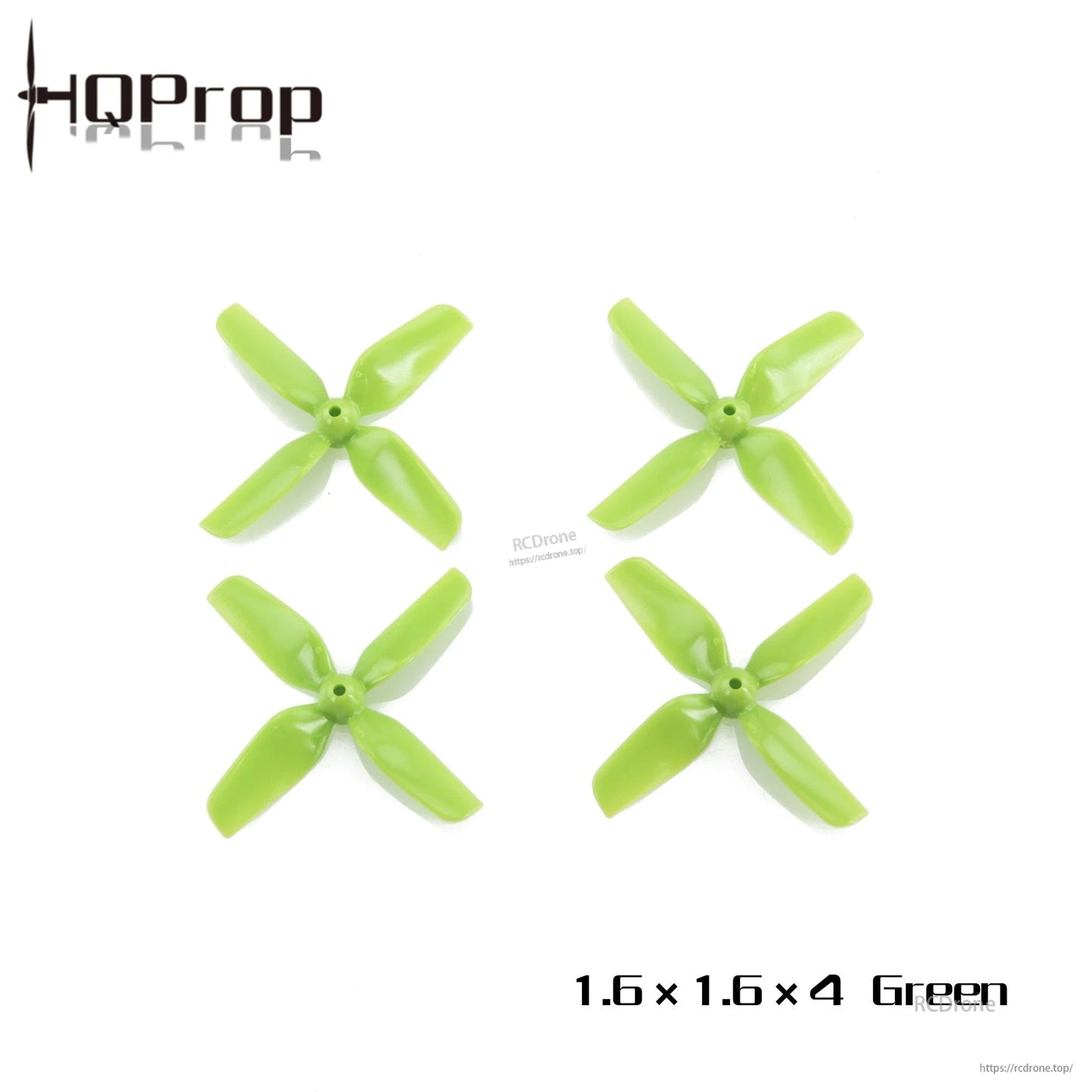 HQProp 1.6x1.6x4 green 4-blade micro drone propellers, four-piece set displayed on white background