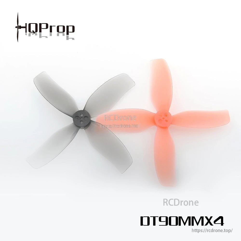 HQ Prop DT90MMX4 90mm 4-blade FPV drone propellers in grey and translucent orange with 4-hole hub