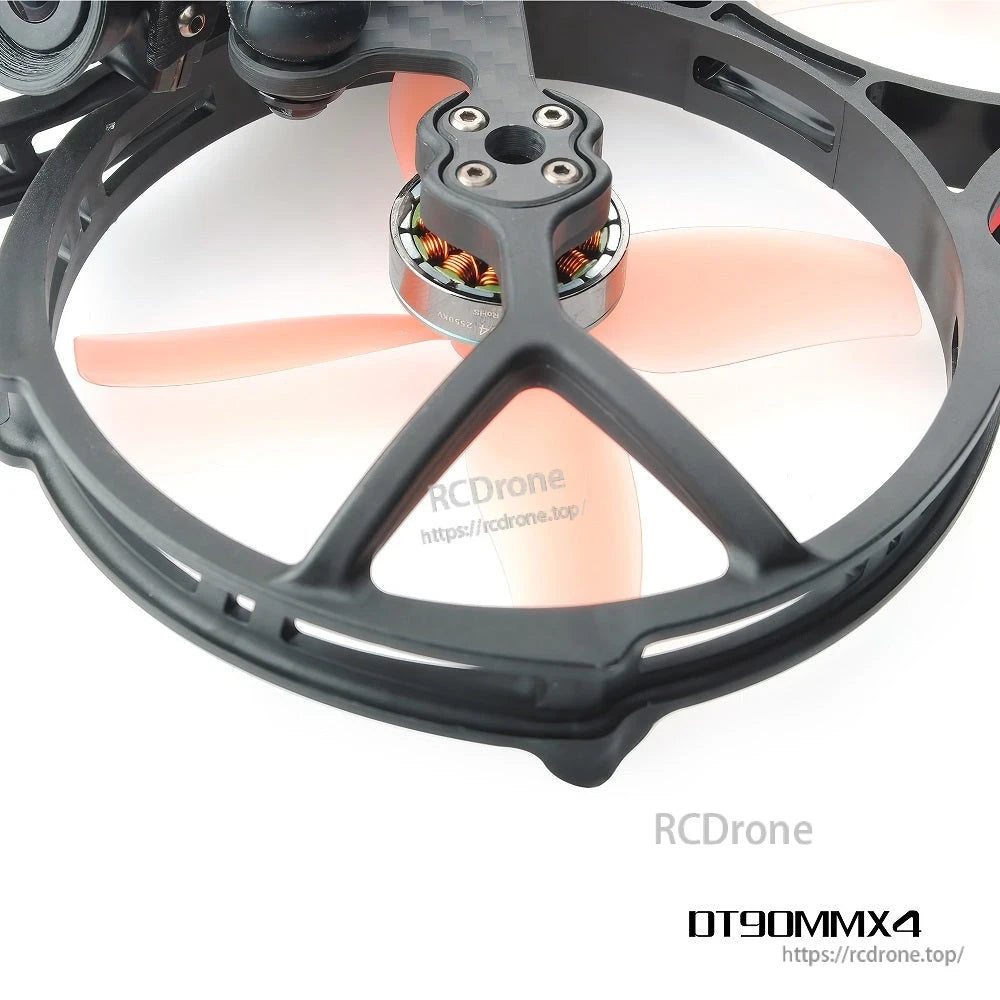 Close-up of HQ Prop DT90MMx4 90mm 4-blade FPV drone propeller inside a ducted cinewhoop frame