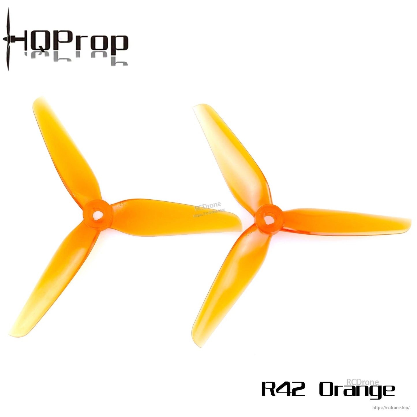 HQProp R42 orange 3-blade propellers, two-piece set on white background