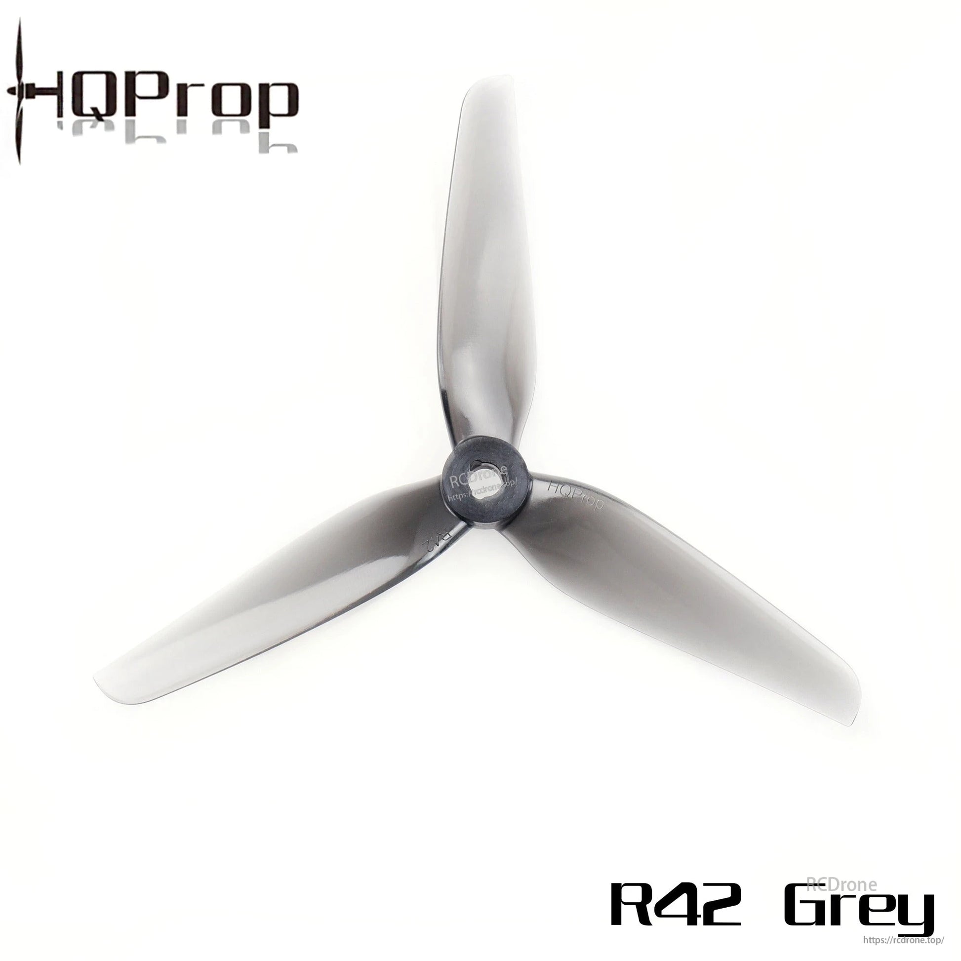 HQProp R42 grey 3-blade propeller, single top view with hub detail