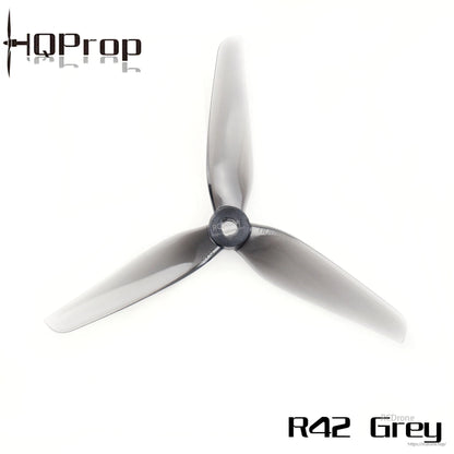 HQProp R42 grey 3-blade propeller, single top view with hub detail