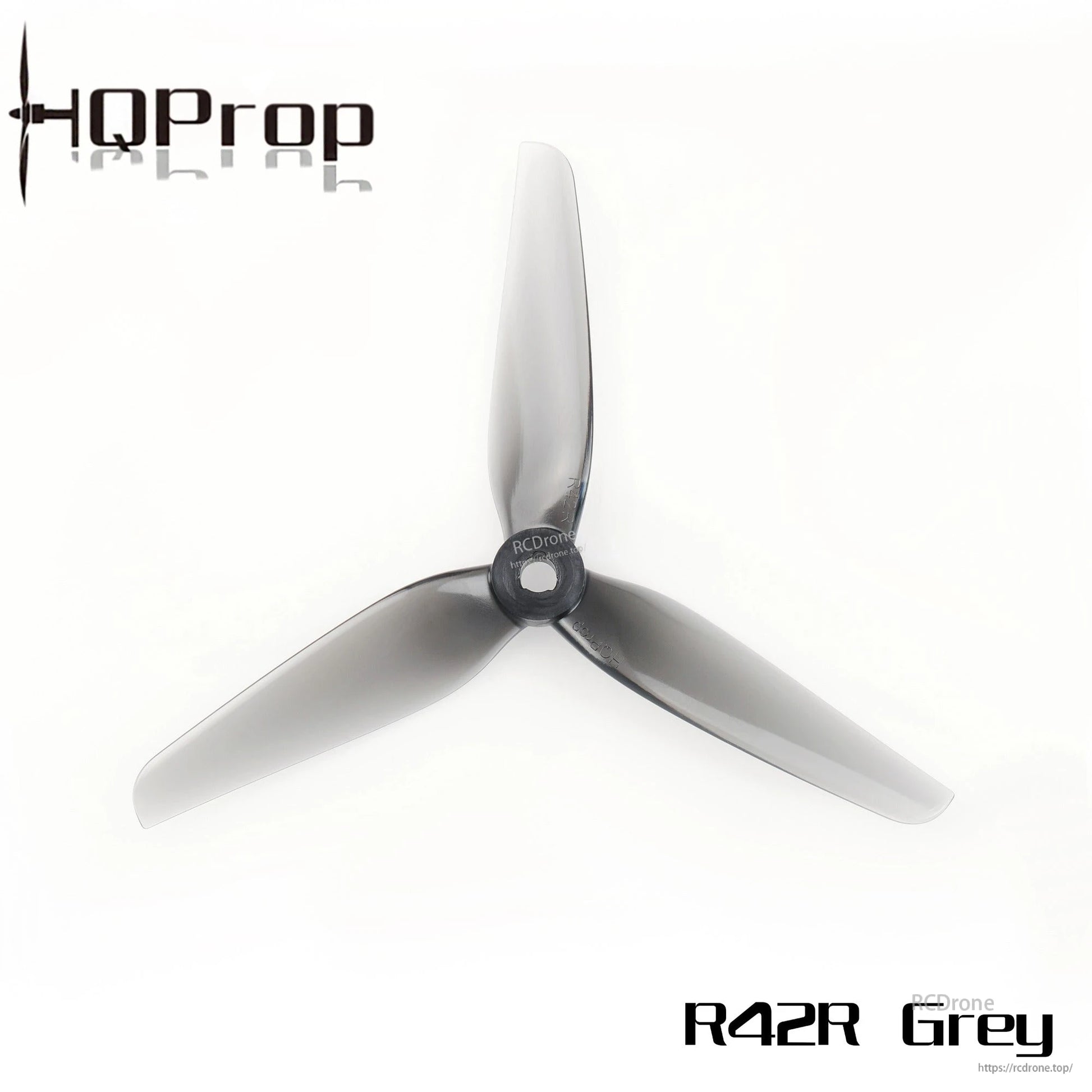 HQProp R42R grey 3-blade propeller, single top view showing opposite rotation version