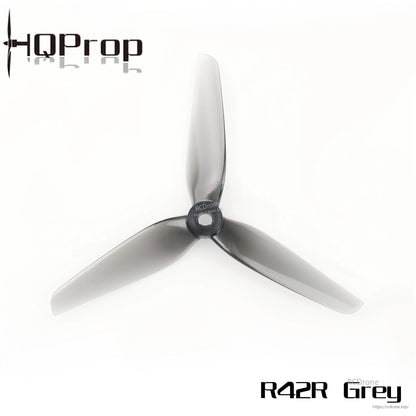 HQProp R42R grey 3-blade propeller, single top view showing opposite rotation version