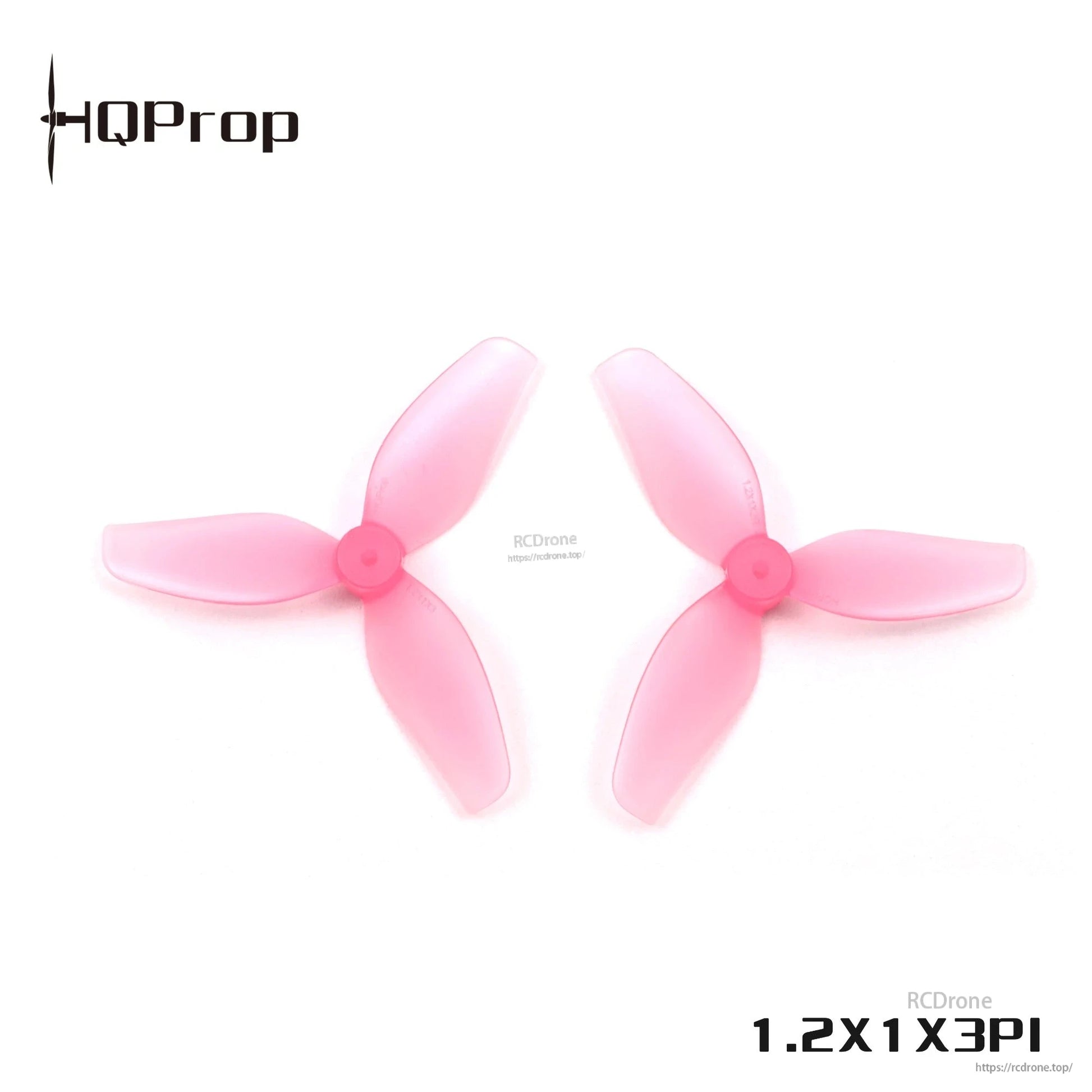 HQProp 1.2X1X3PI translucent pink 3-blade whoop props with pink hubs, two props on white