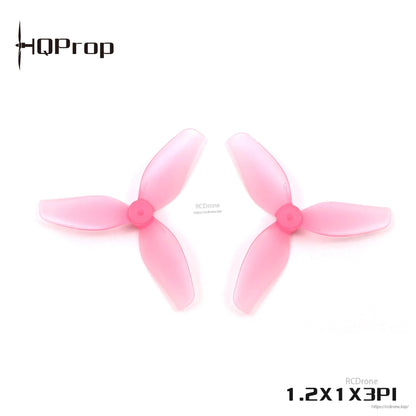 HQProp 1.2X1X3PI translucent pink 3-blade whoop props with pink hubs, two props on white