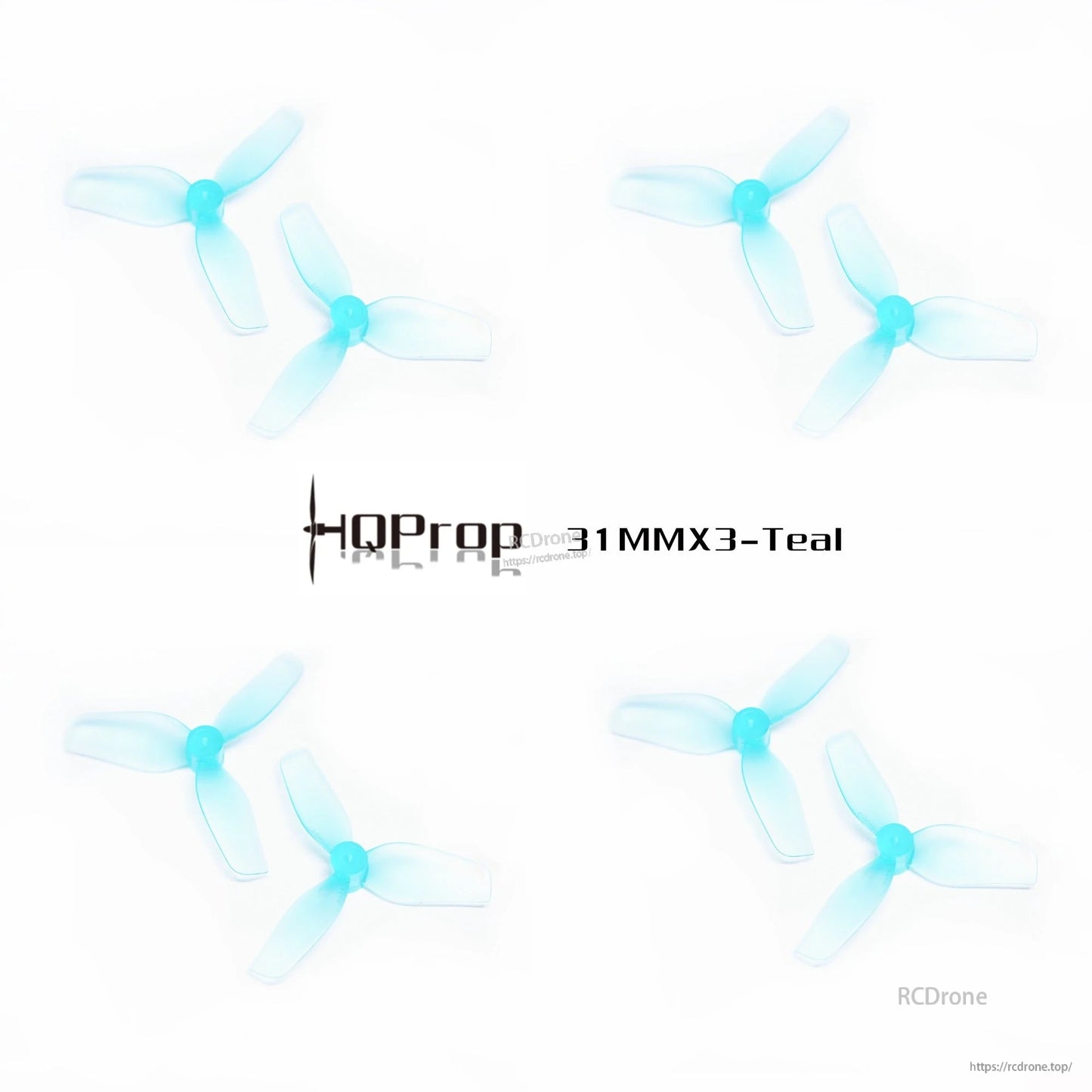 Four HQProp 31MMX3 teal tri-blade props set arranged in grid