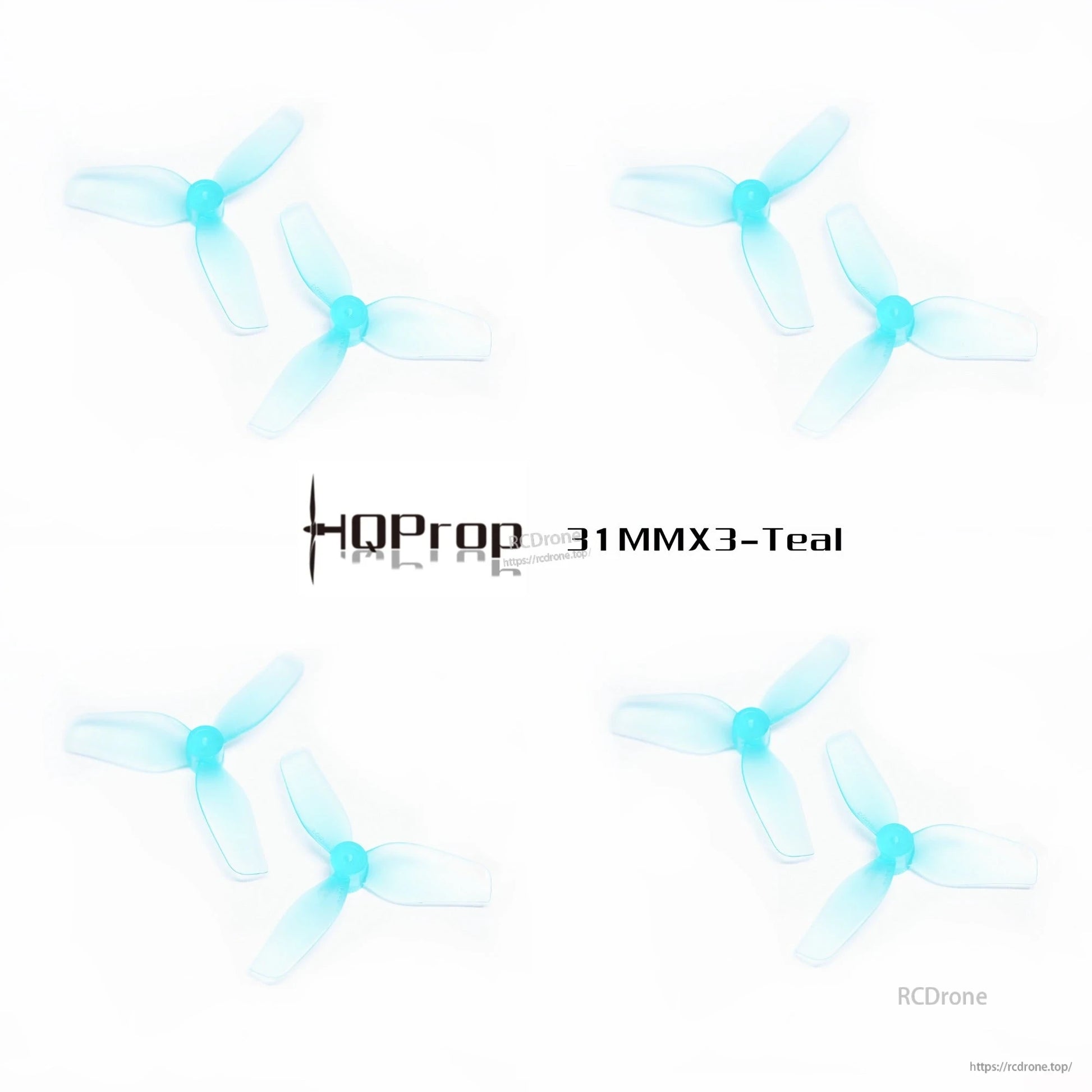 Four HQProp 31MMX3 teal tri-blade props set arranged in grid