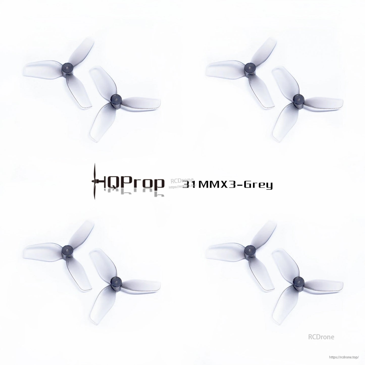 Four HQProp 31MMX3 grey tri-blade props set arranged in grid