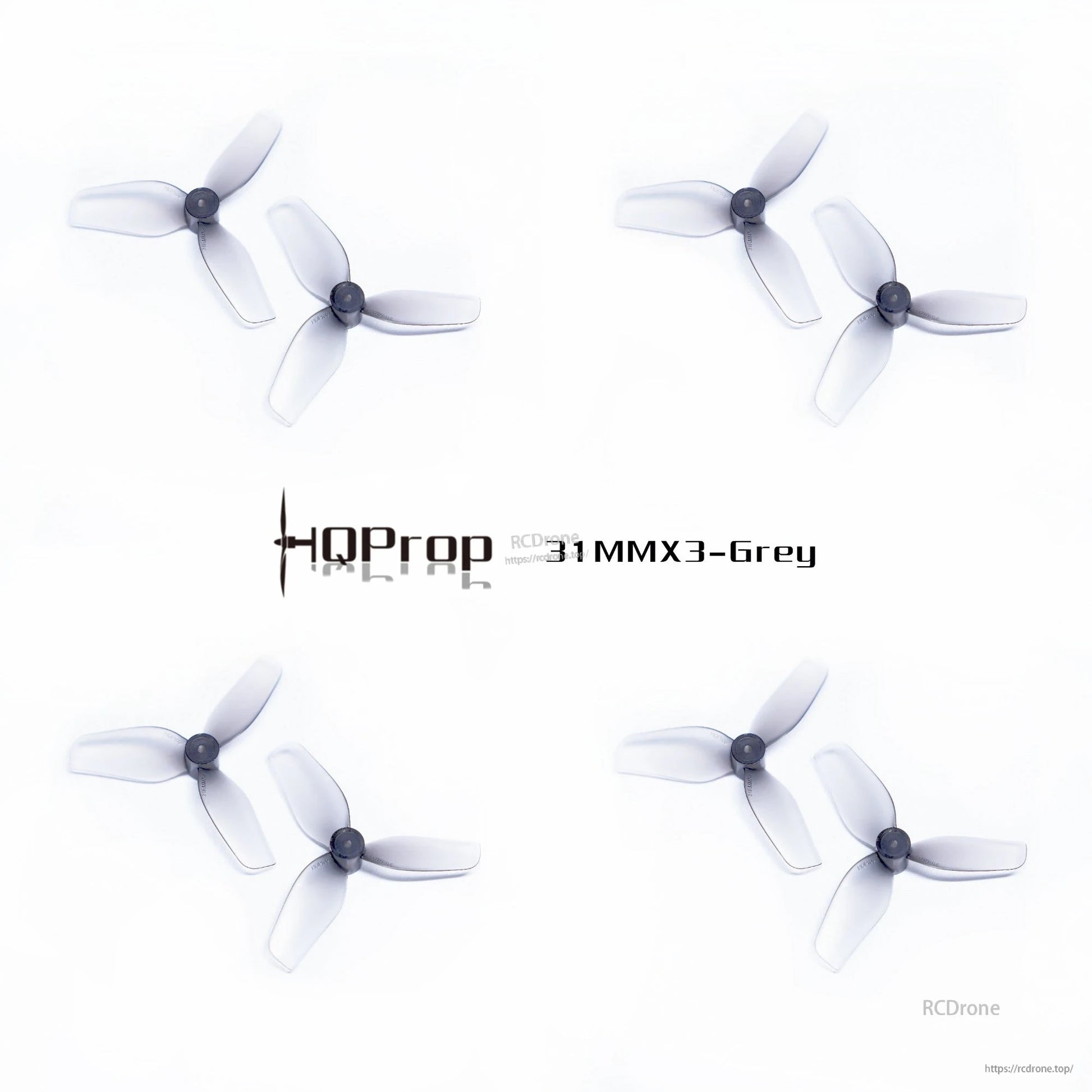 Four HQProp 31MMX3 grey tri-blade props set arranged in grid