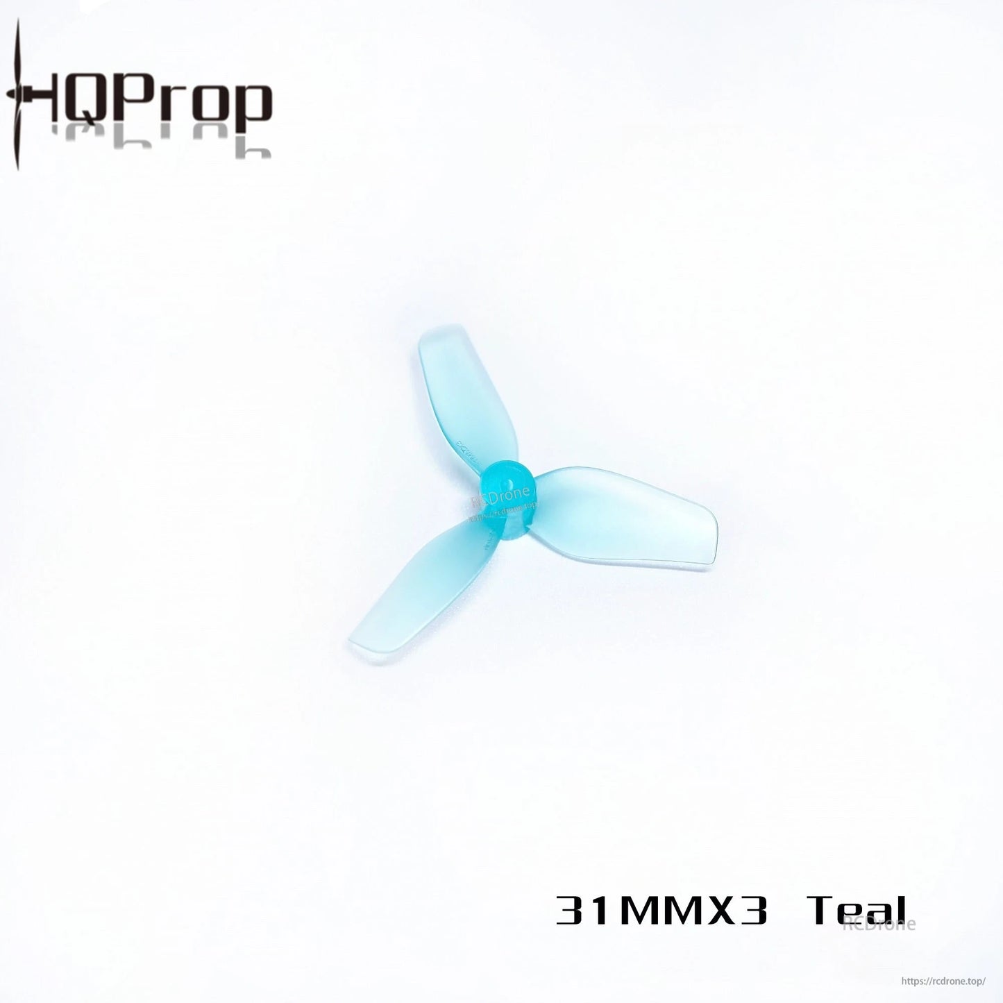 HQ Ultralight Whoop Prop 31MMX3 teal tri-blade propeller, translucent polycarbonate, 1mm shaft
