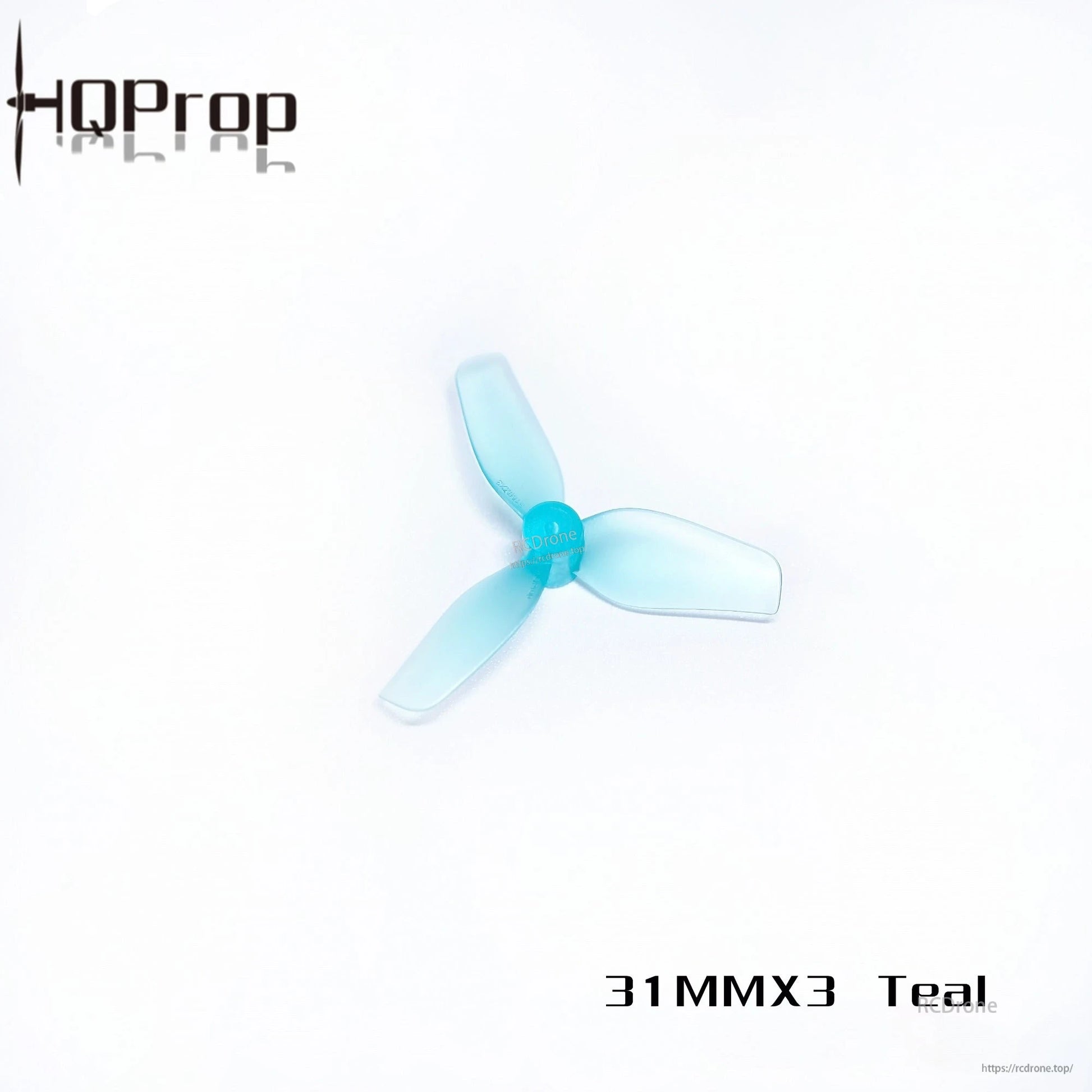HQ Ultralight Whoop Prop 31MMX3 teal tri-blade propeller, translucent polycarbonate, 1mm shaft