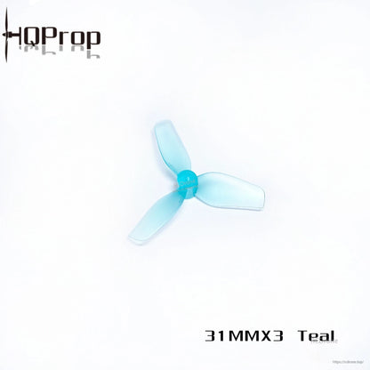 HQ Ultralight Whoop Prop 31MMX3 teal tri-blade propeller, translucent polycarbonate, 1mm shaft