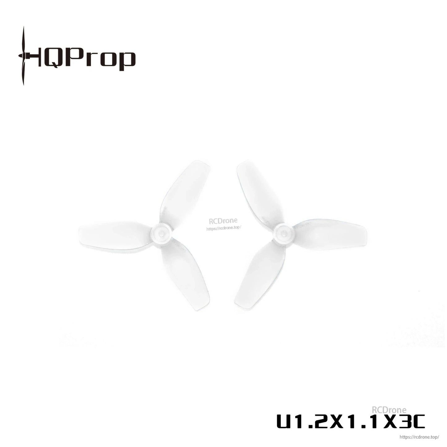 Two clear/white HQ whoop tri-blade props shown side by side, U1.2x1.1x3C marking