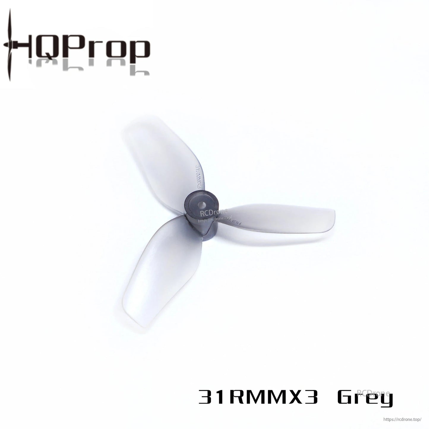 HQProp 31MMX3 grey tri-blade whoop prop with dark hub, translucent grey blades