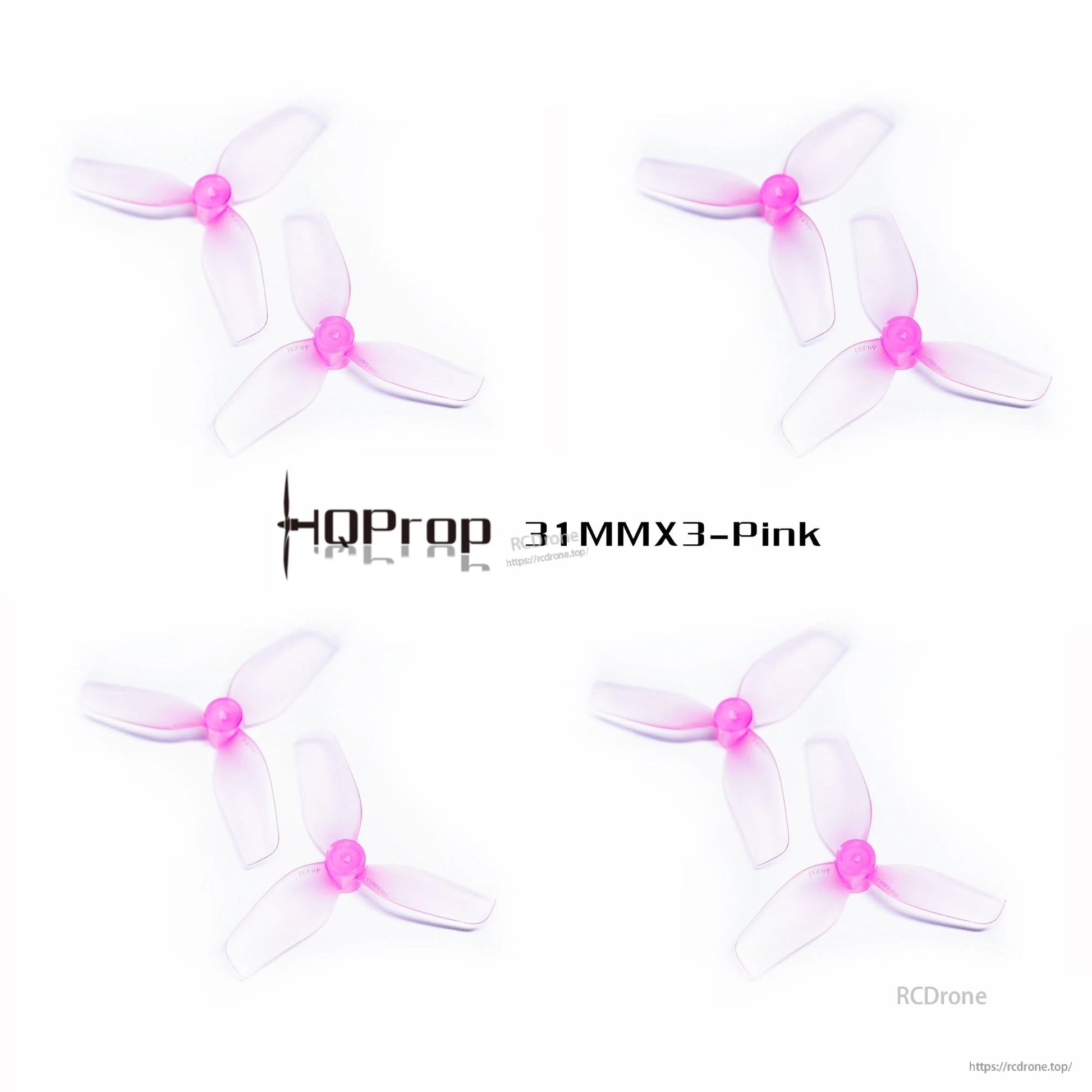 Four HQProp 31MMX3 pink tri-blade props set arranged in grid