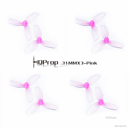 Four HQProp 31MMX3 pink tri-blade props set arranged in grid