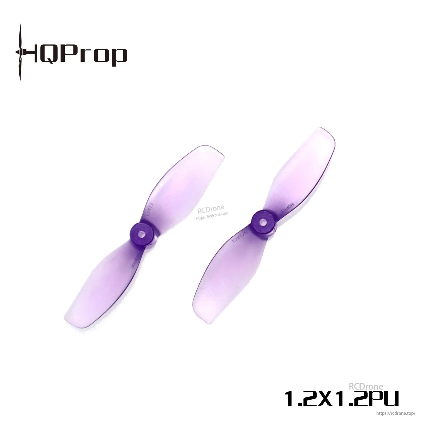 Purple HQProp 1.2x1.2PU ultralight 2-blade whoop propellers, pair on white background