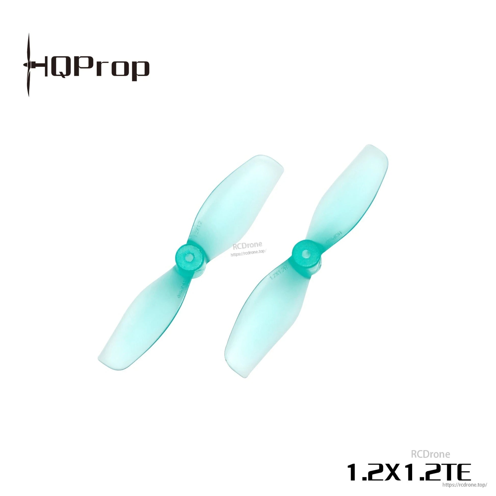 Teal HQProp 1.2x1.2TE ultralight 2-blade whoop propellers, pair on white background