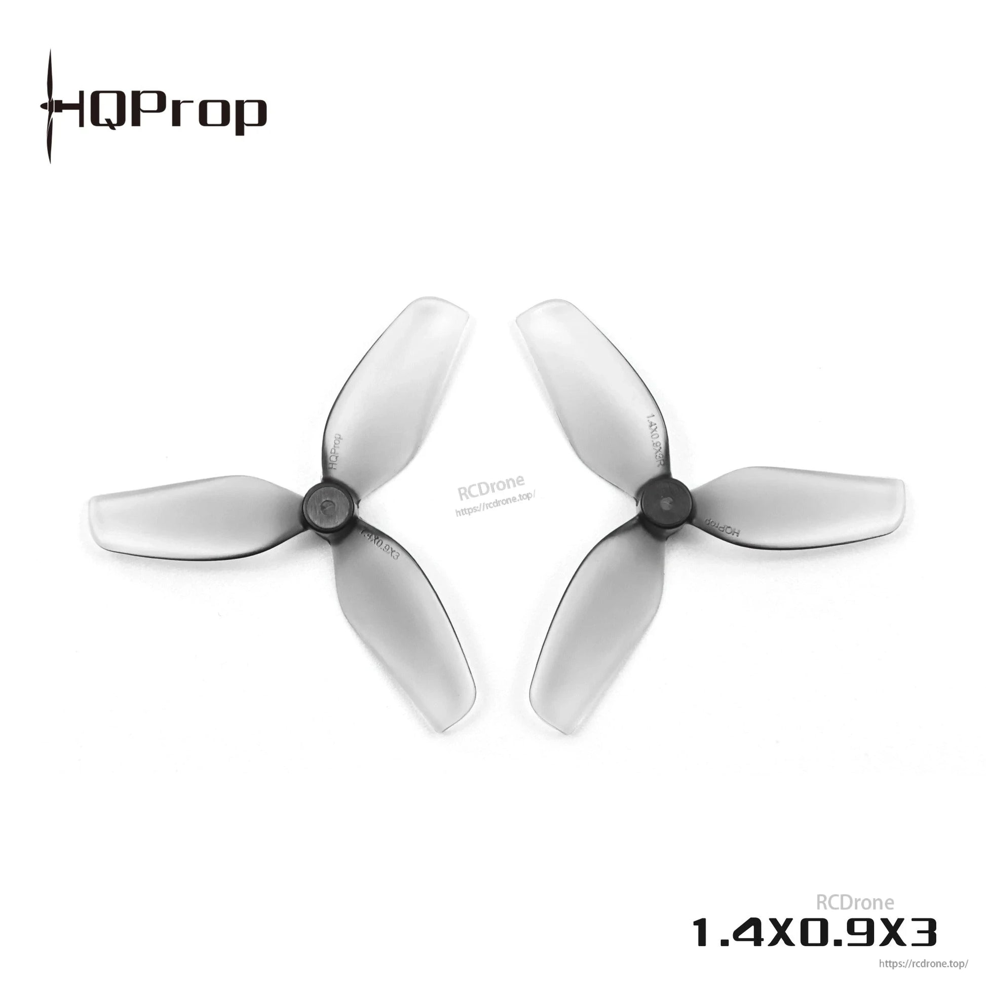 Two translucent grey 3-blade micro whoop props shown side by side, 1.4x0.9x3 marking