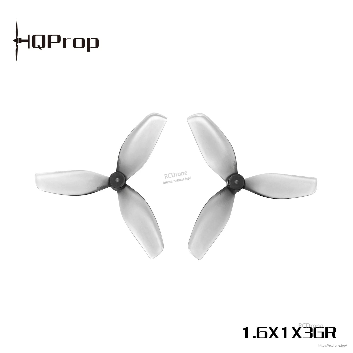 Grey 3-blade whoop propellers shown as a matched pair on white background (RCDrone watermark)