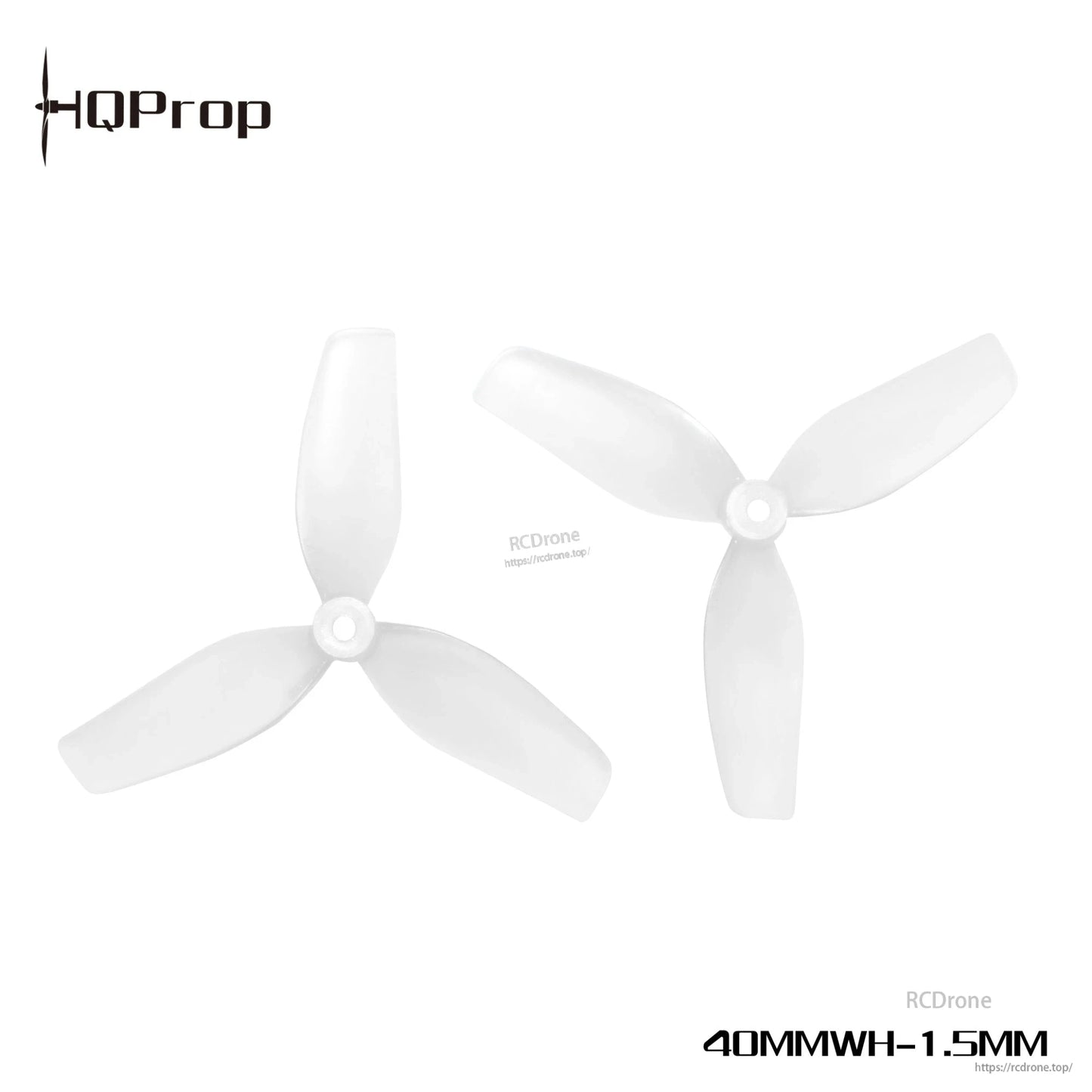 Pair of HQProp 40mm 3-blade whoop props on white background with 40MMWH-1.5MM label