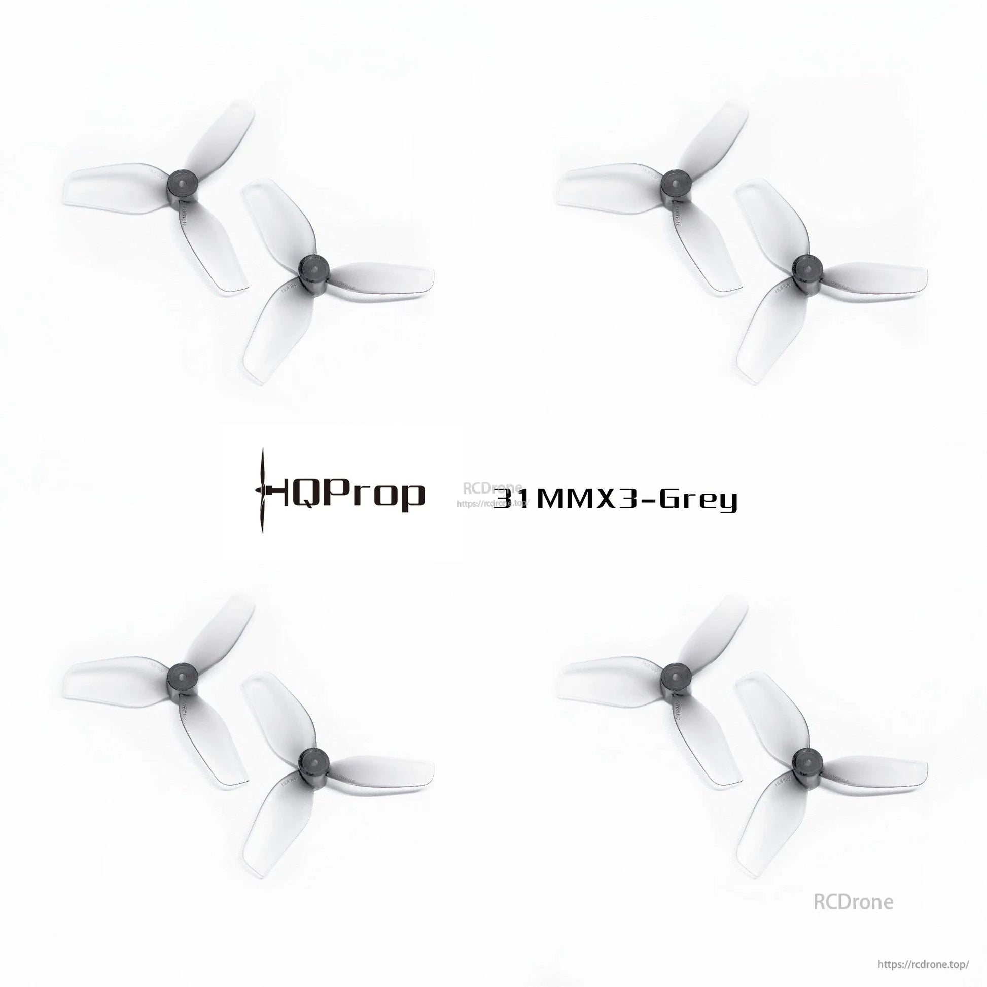 Four grey 31MMx3 tri-blade whoop props arranged as a 4-pack on white background
