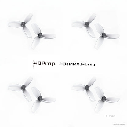 Four grey 31MMx3 tri-blade whoop props arranged as a 4-pack on white background