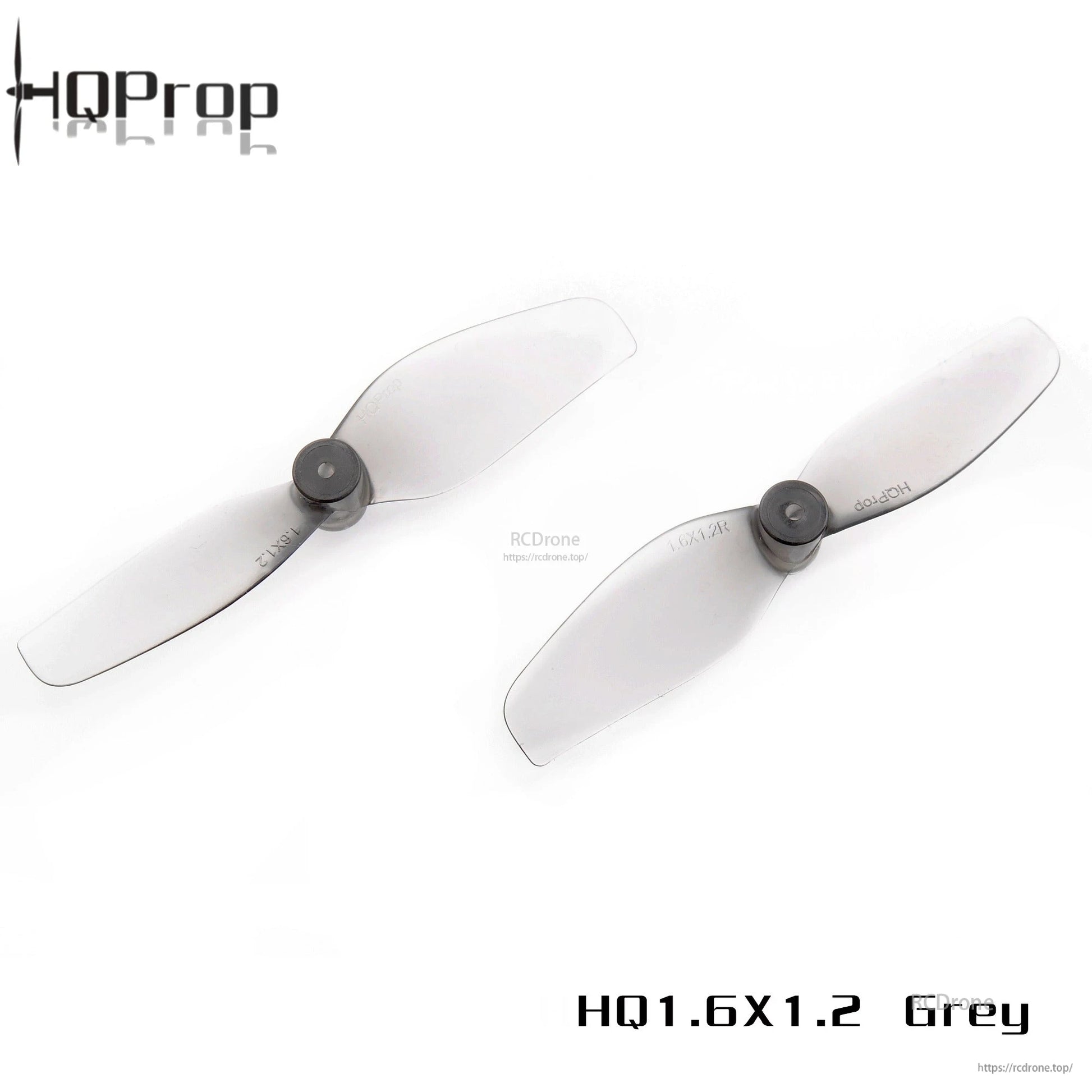 Pair of HQProp 1.6x1.2 grey 2-blade whoop propellers shown side by side