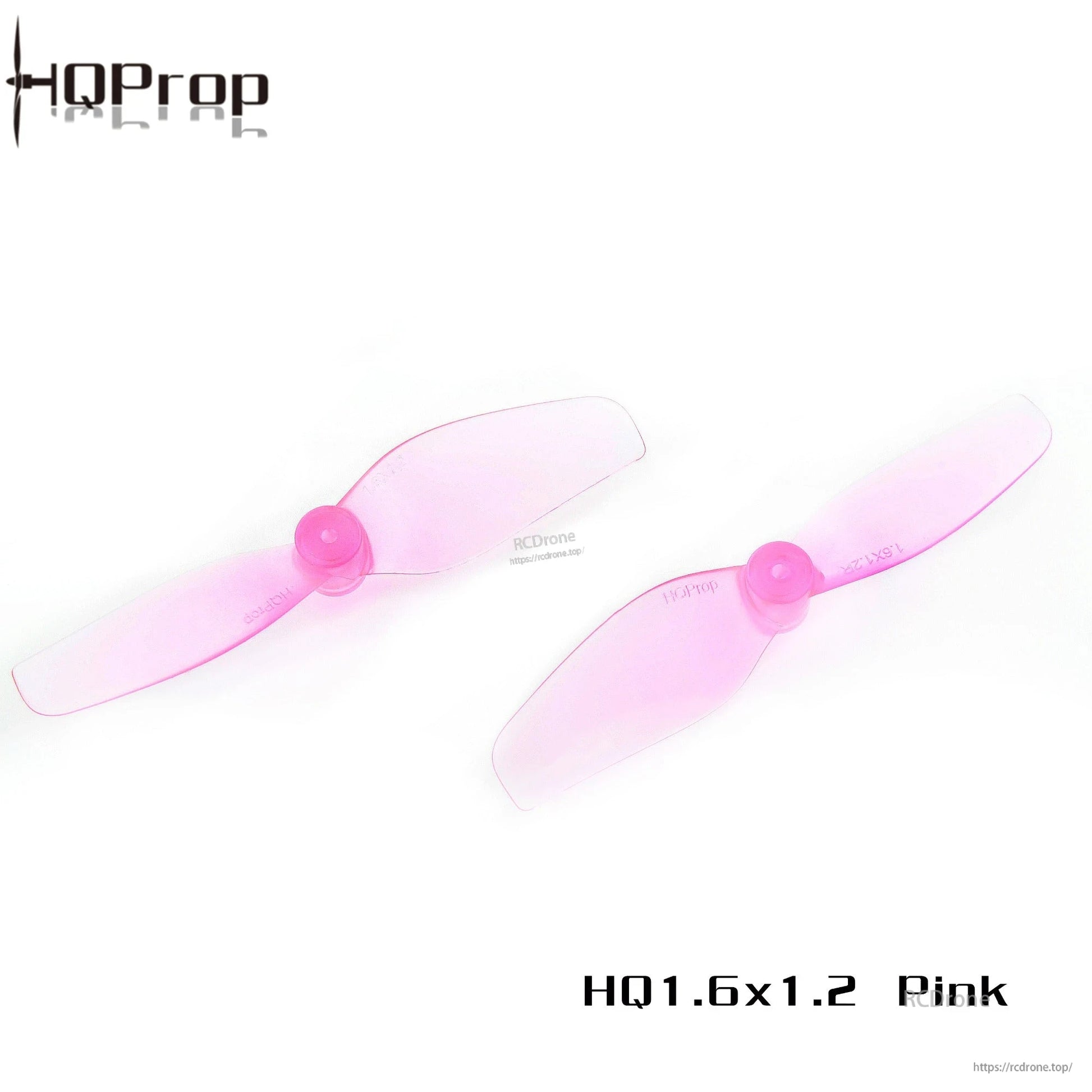 Pair of HQProp 1.6x1.2 pink 2-blade whoop propellers shown side by side