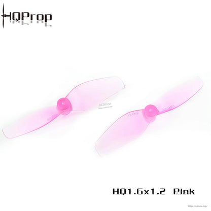 Pair of HQProp 1.6x1.2 pink 2-blade whoop propellers shown side by side