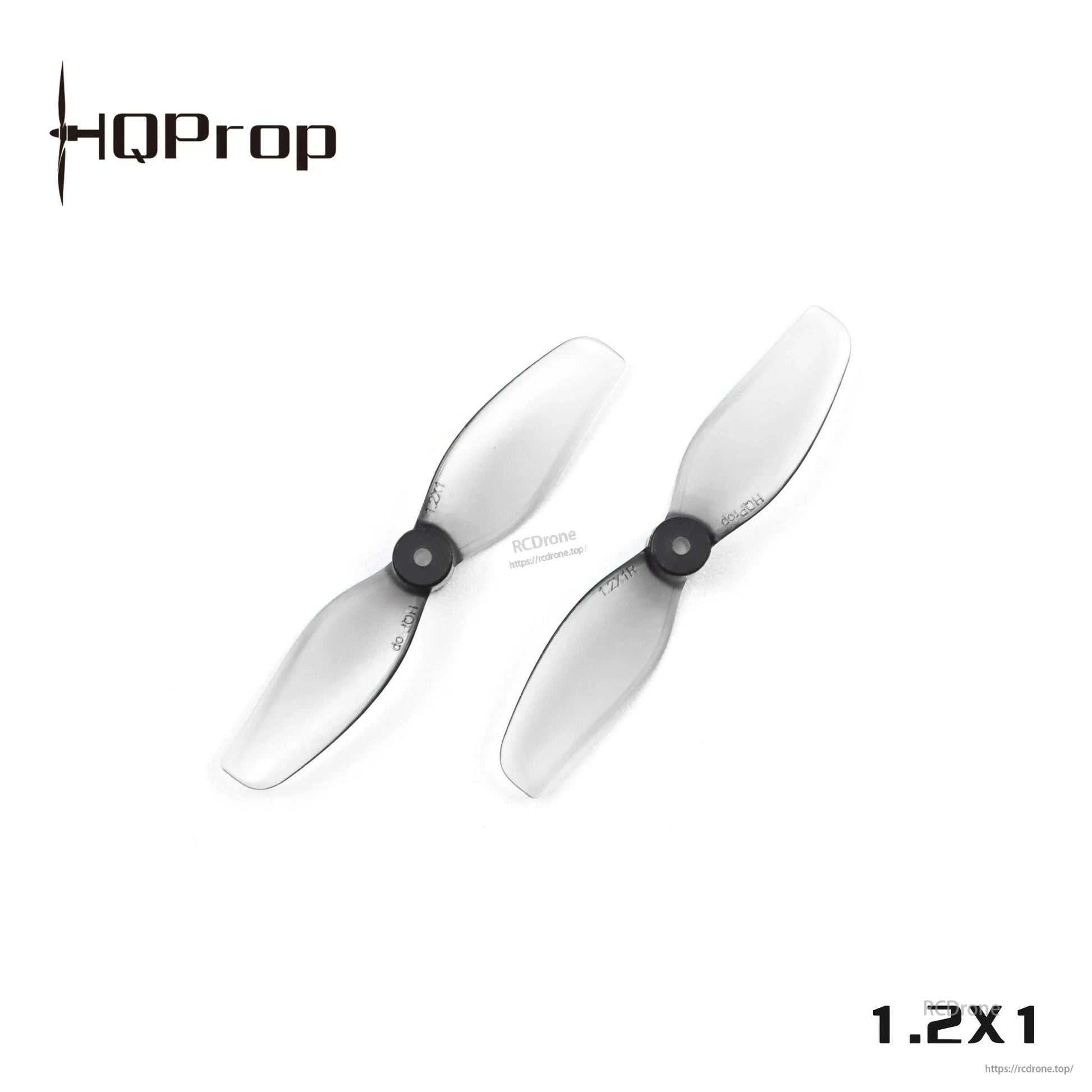 Two translucent grey 2-blade whoop propellers, close-up view with HQProp logo and 1.2x1 text